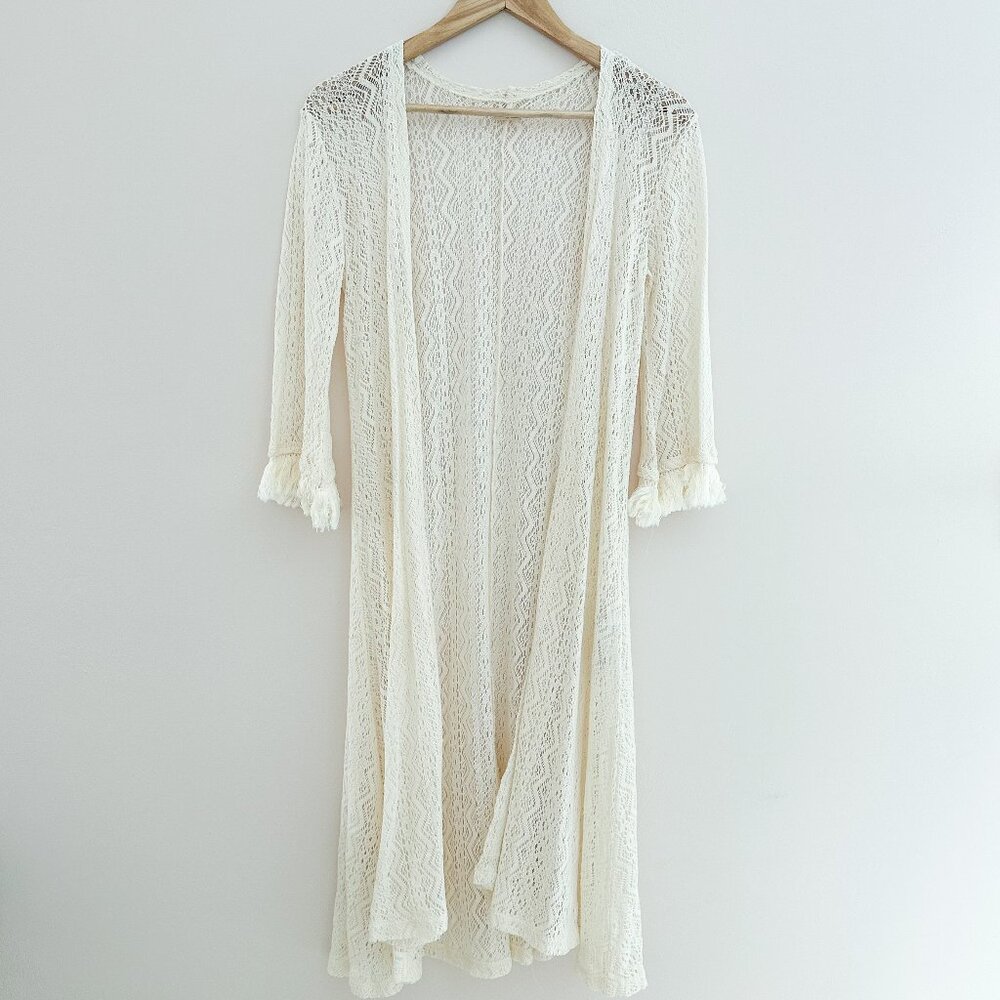 Hollister Lace Duster Kimono Open Cardigan Cream Cotton Full Length Size M
